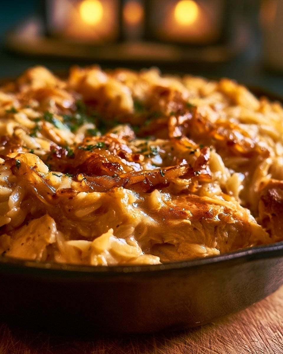 French Onion Chicken Orzo Casserole