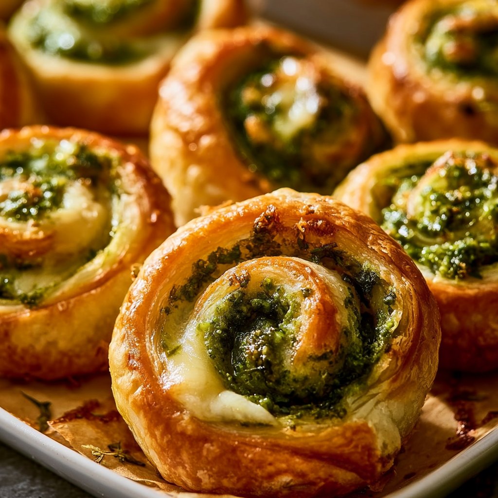 Knusprige Mini Blätterteig Schnecken mit Pesto & Käse