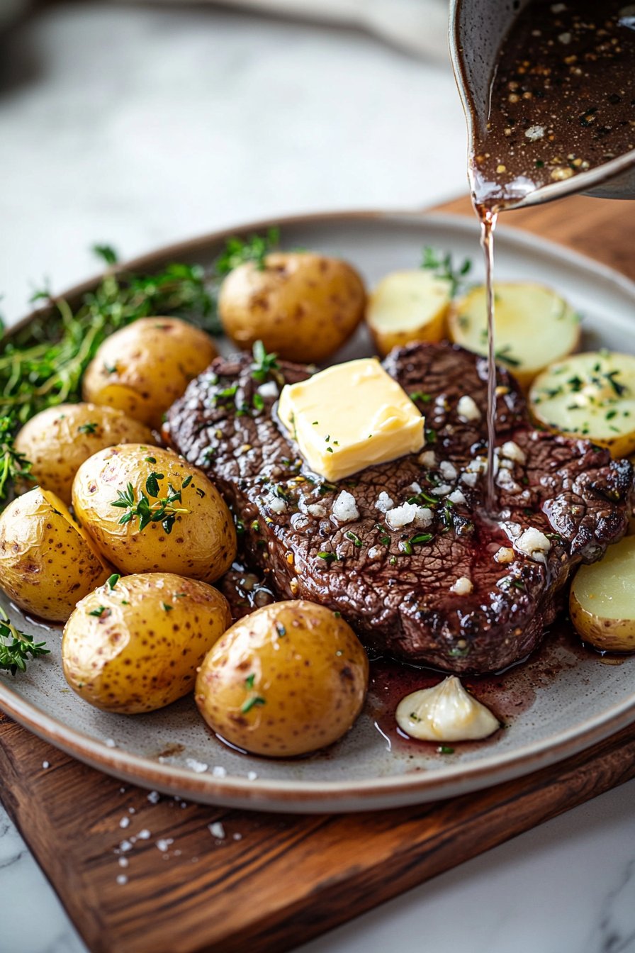 Knoblauchbutter Steak und Kartoffeln