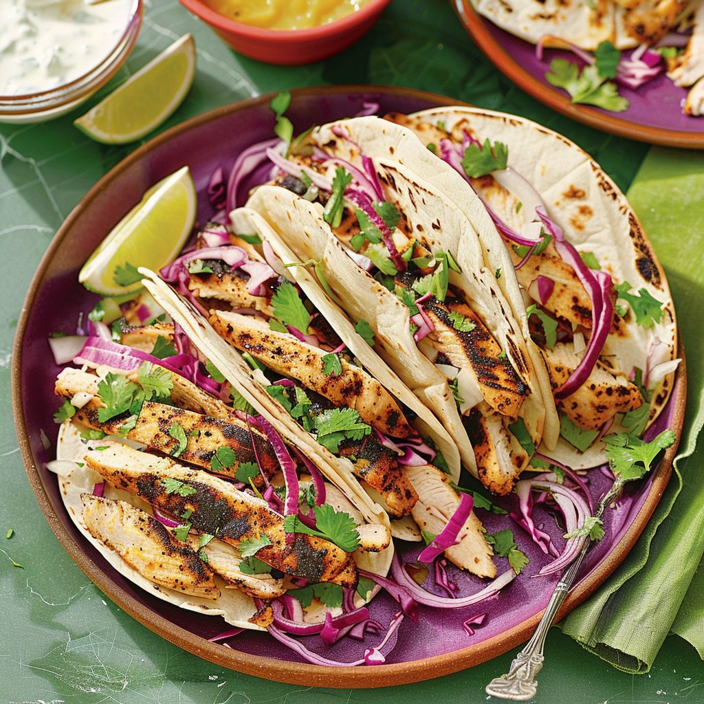 Chicken Street Tacos with Red Cabbage Slaw and Lime-Pickled Onions