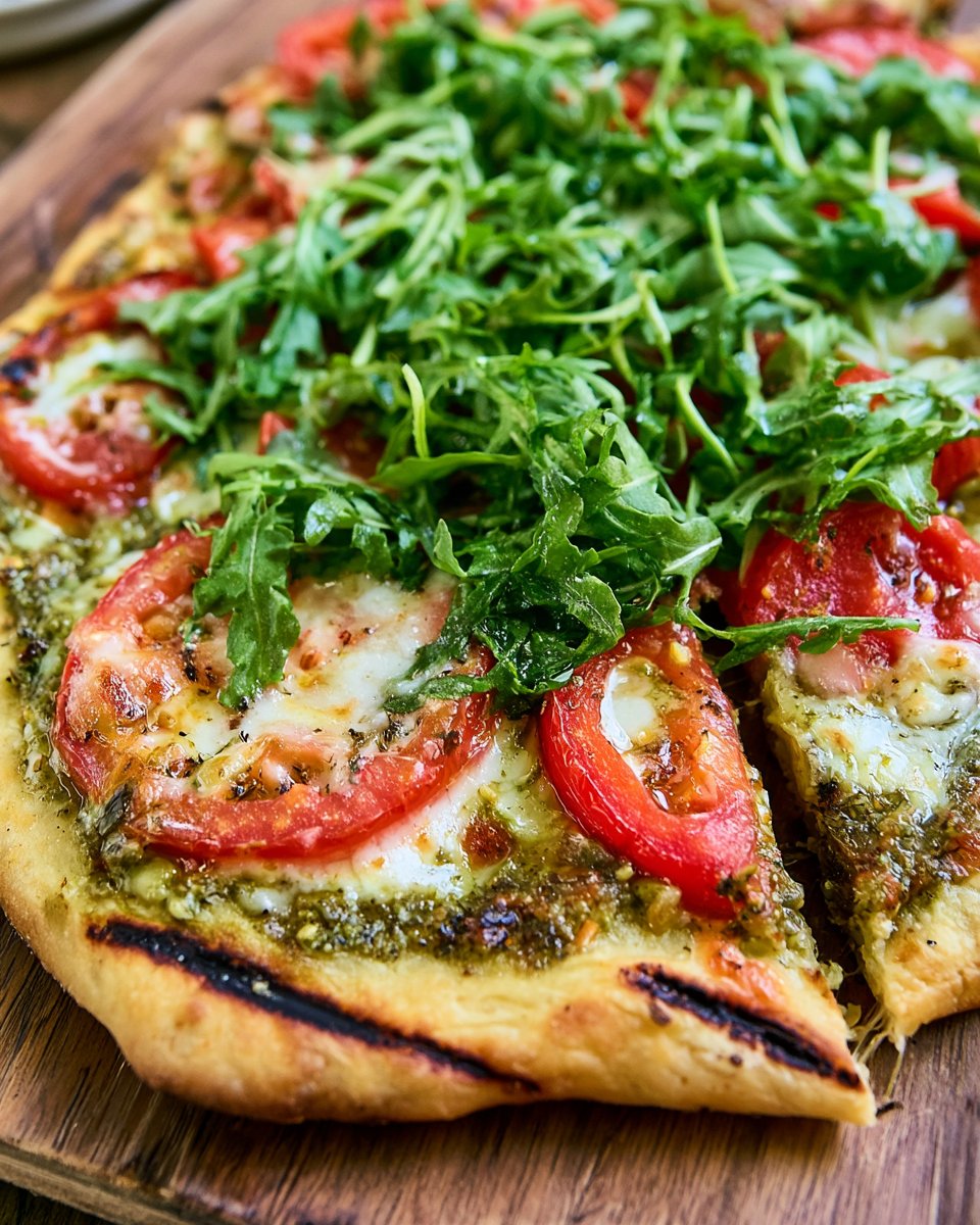 Grilled Pesto Pizza with Tomato and Arugula