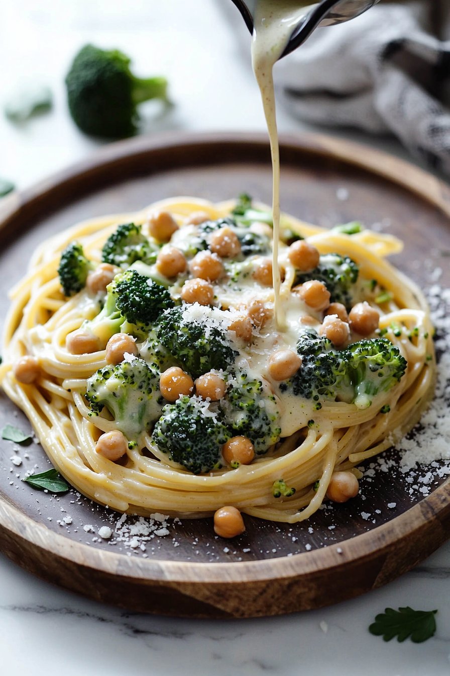 Cremige Brokkoli-Kichererbsen-Pasta