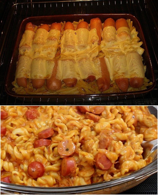 Nudelauflauf mit Bockwurst und Käse