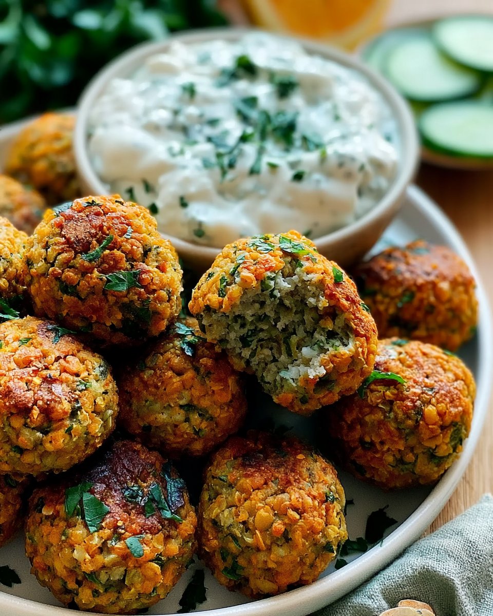 Baked Greek Lentil Meatballs with Tzatziki