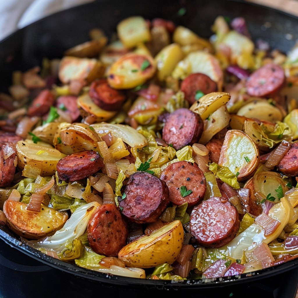 Fried Kielbasa and Cabbage with Roasted Potatoes