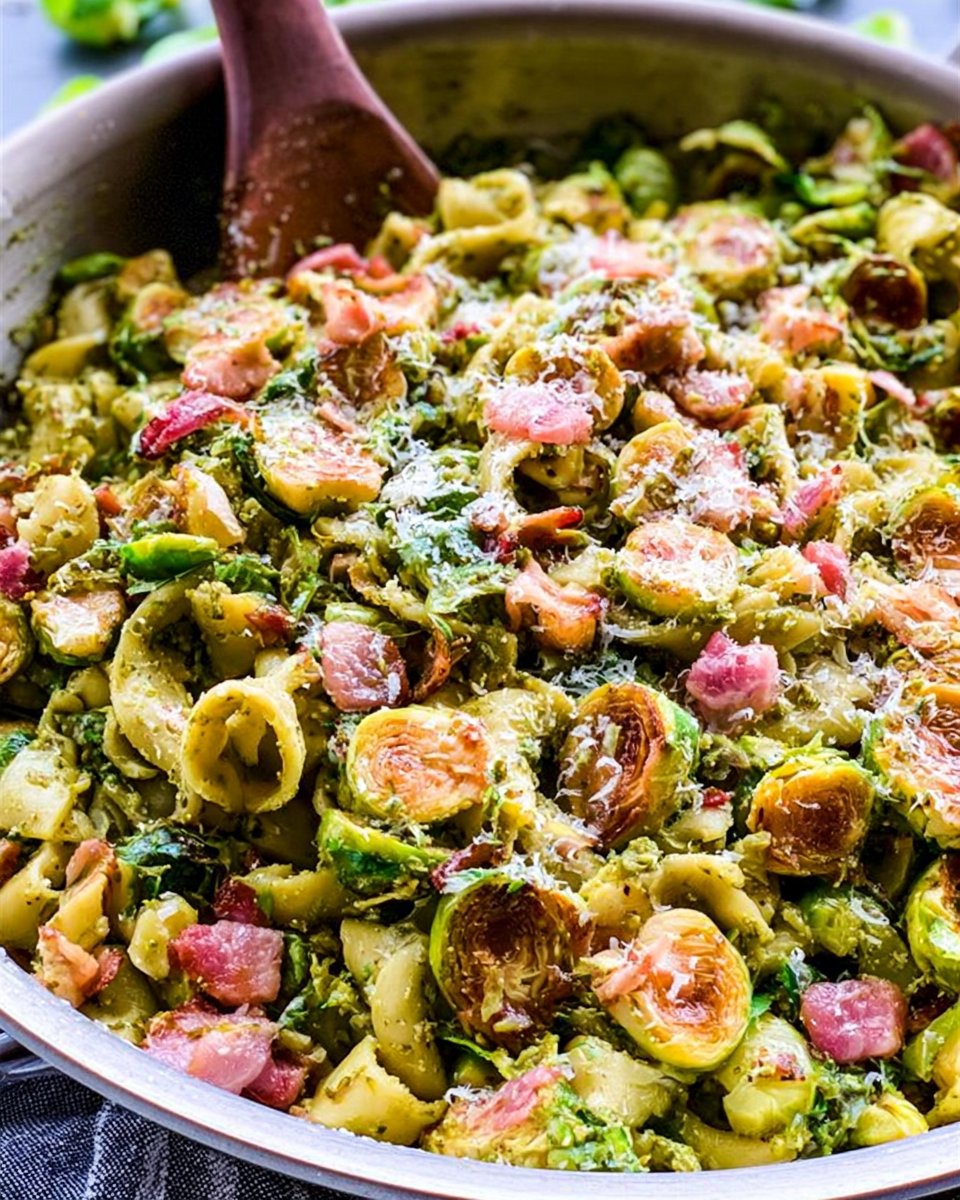 Brussels Sprouts and Bacon Pesto Pasta