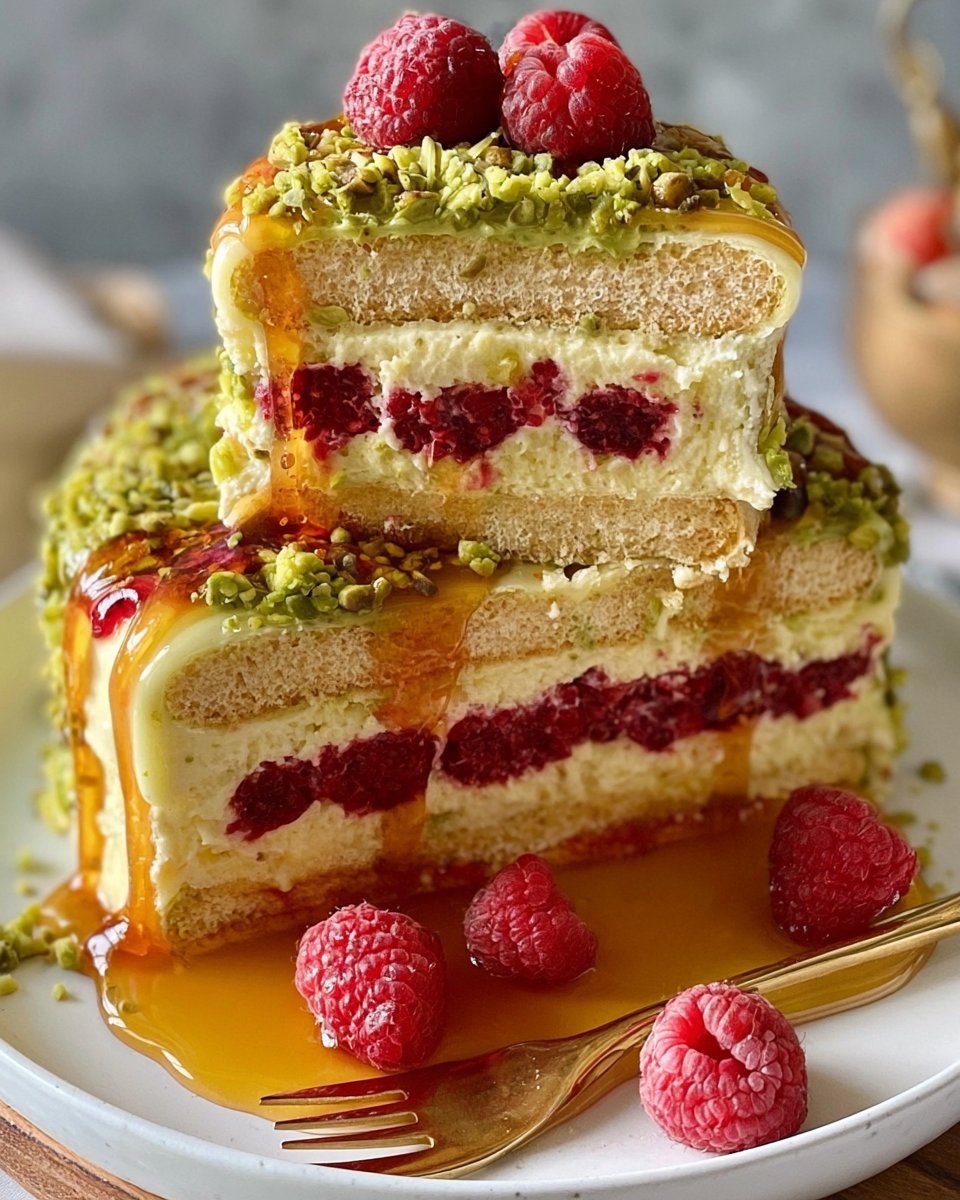Creamy No-Bake Pistachio Raspberry Ladyfinger Cake