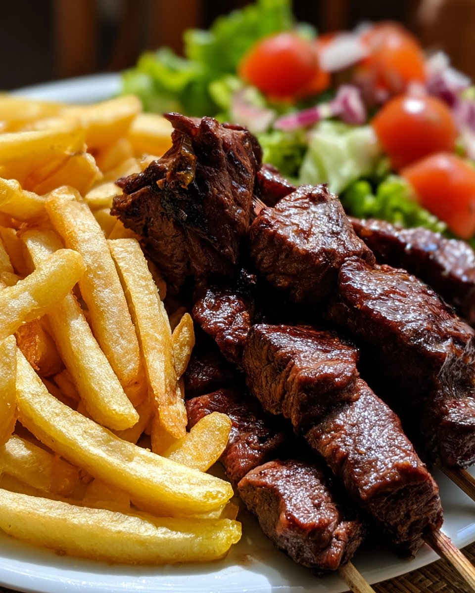 Grilled Beef Skewers with Crispy Fries & Fresh Salad