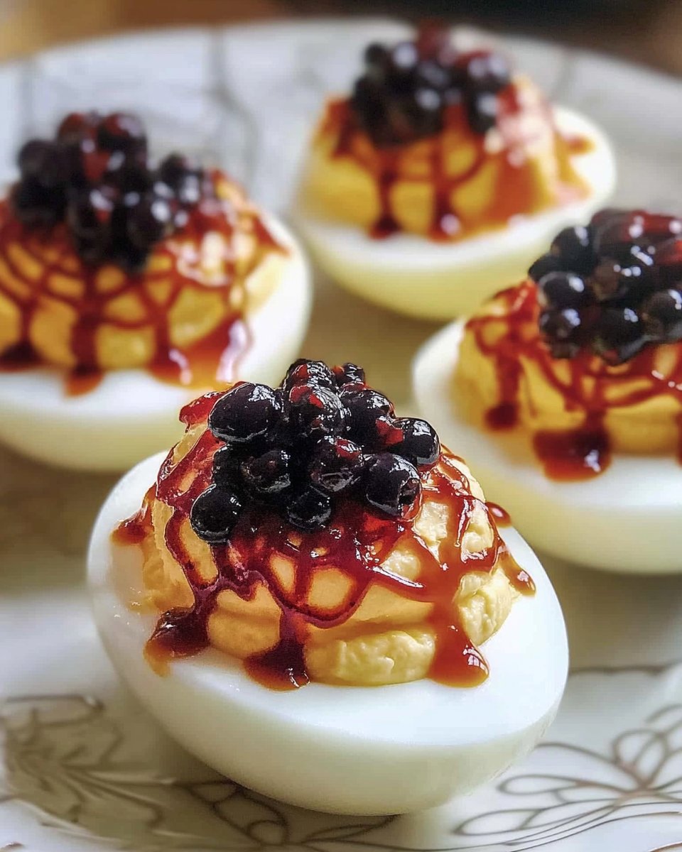 Creative Spider Web Deviled Eggs Recipe with Black Olive Sriracha Drizzle Perfect for Halloween Party