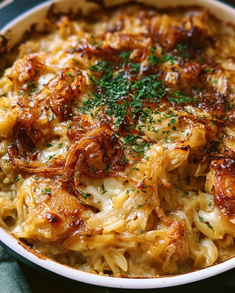 French Onion Chicken Orzo Casserole