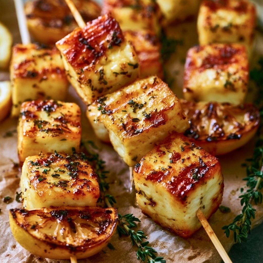 Gegrillte Halloumi-Spieße mit Zitrone und Thymian