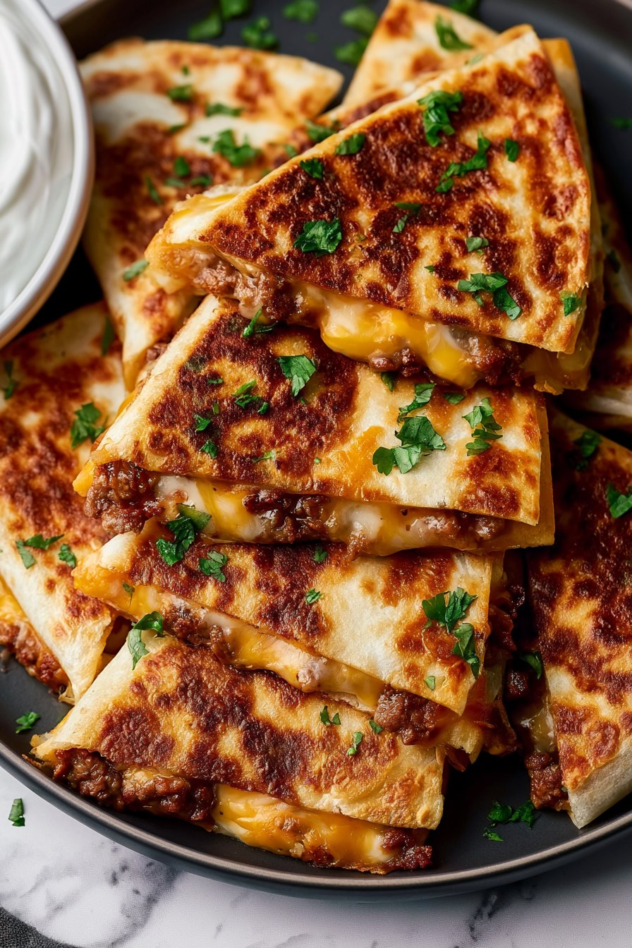 Ground Beef Quesadillas with a Crispy Golden-Brown Crust
