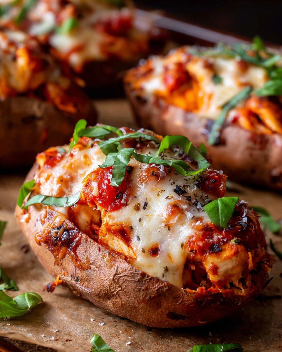 Healthy Chicken Parm Stuffed Sweet Potatoes