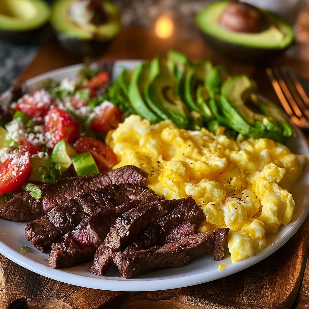 Steak, Creamy Scrambled Eggs & Avocado Power Plate