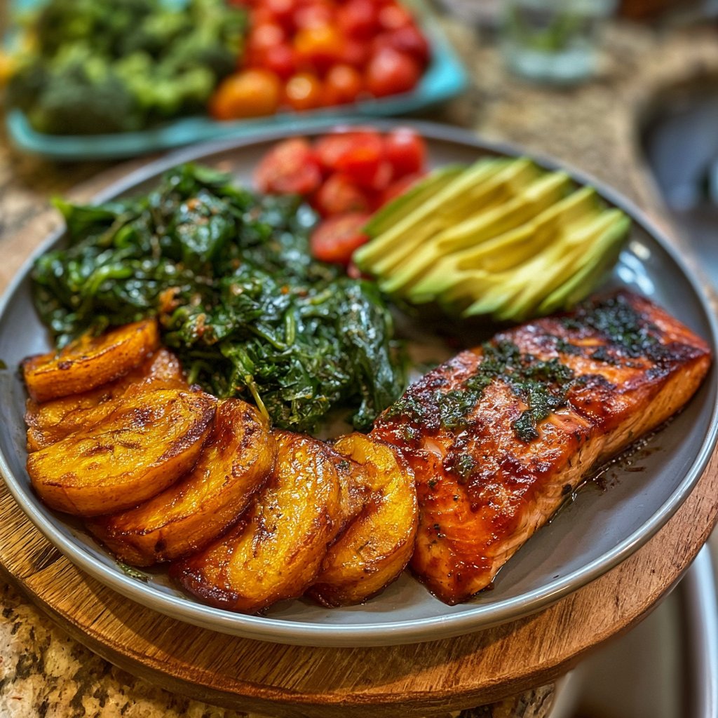 Herb-Glazed Salmon with Sweet Plantains, Sautéed Spinach & Avocado