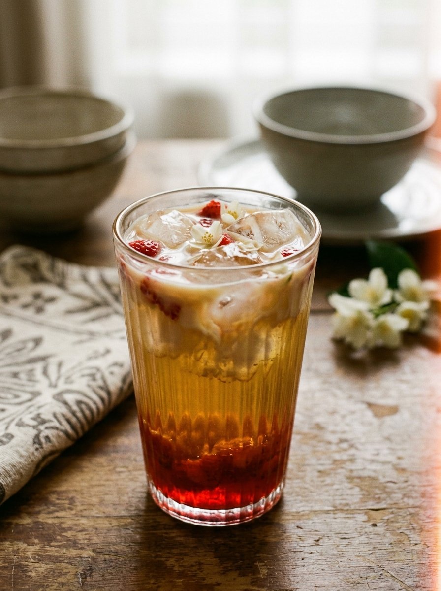 Refreshing Jasmine Tea Latte with Strawberry Syrup