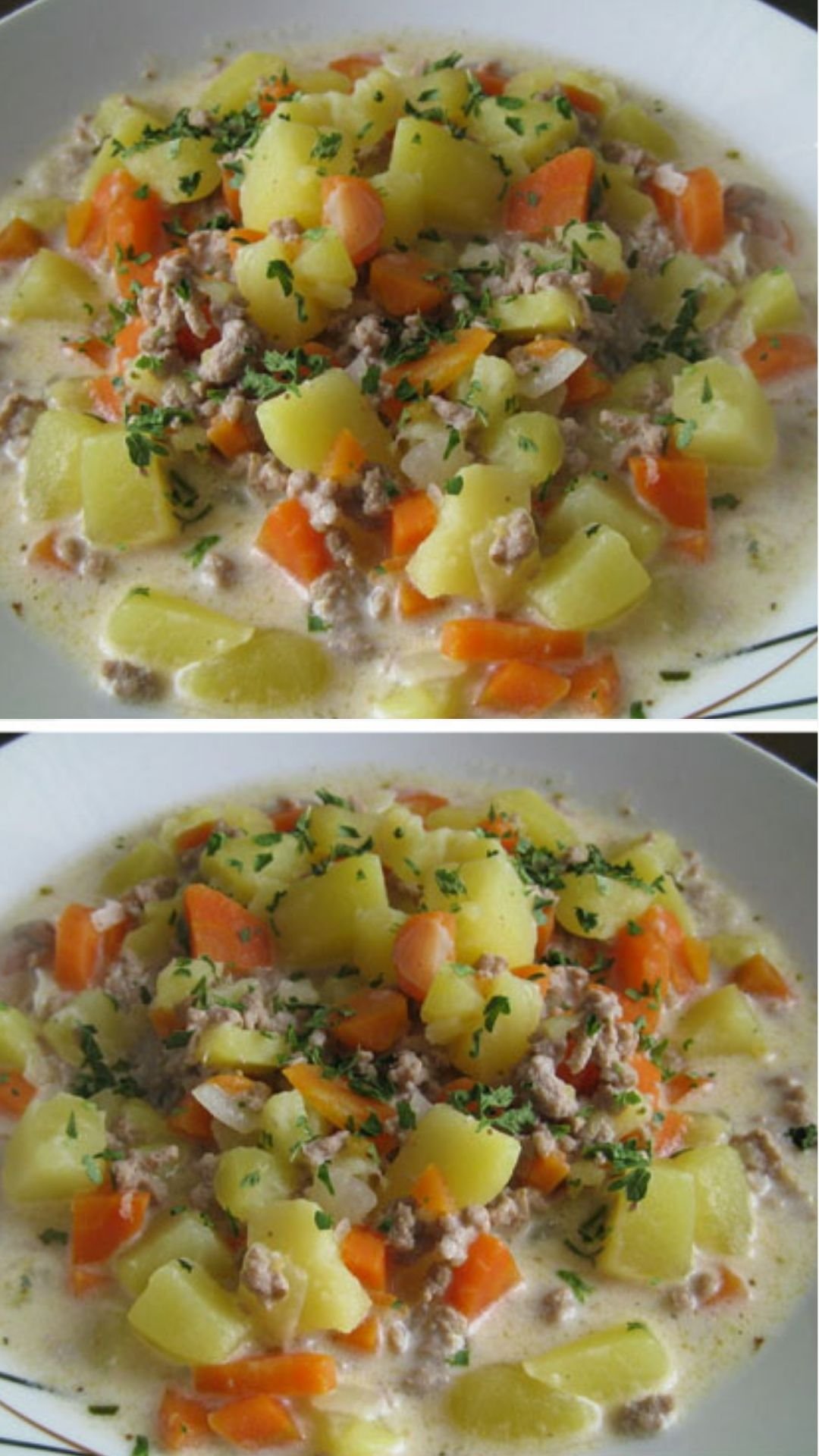 Eintopf aus Hackfleisch und Kartoffeln mit Sauerrahm und Karotten