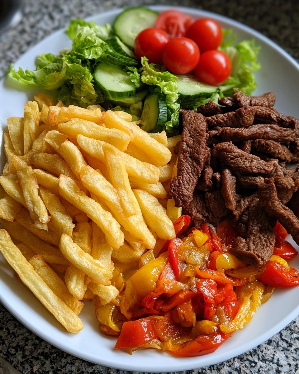 Garlic Pepper Steak Strips with Crispy Fries & Garden Salad
