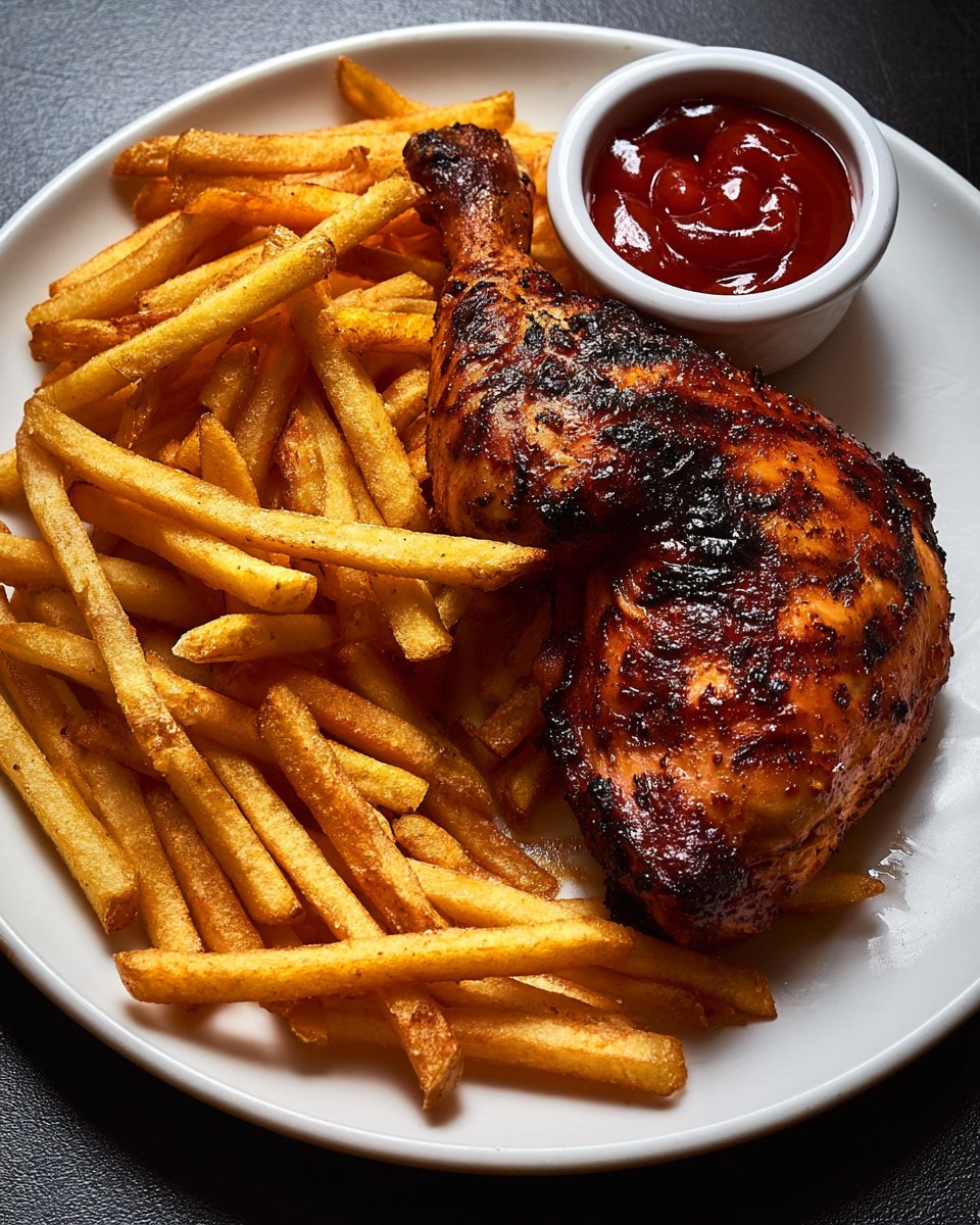 Crispy Roasted Chicken Leg Quarter with French Fries & Dipping Sauce