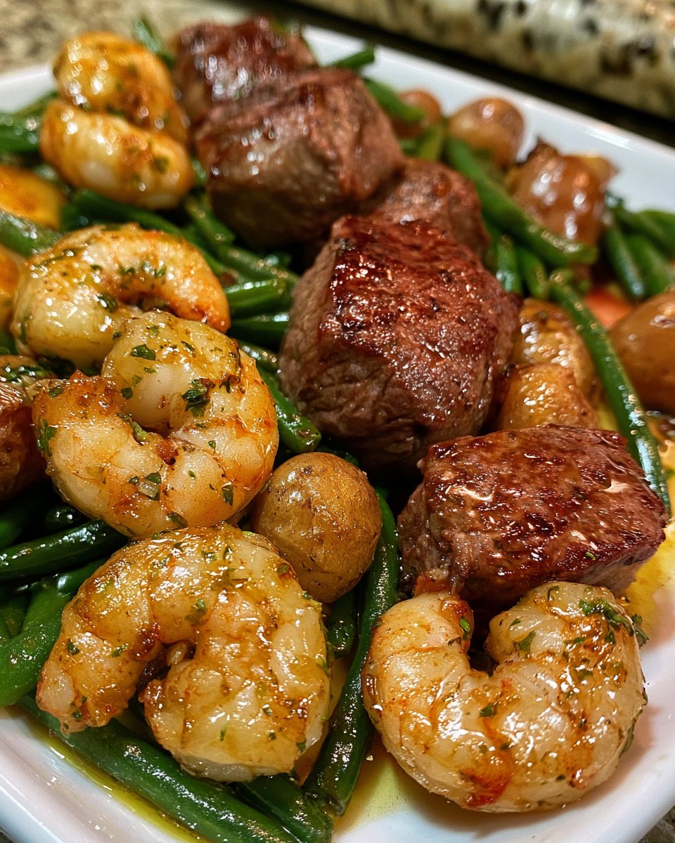 Garlic Butter Steak Bites & Shrimp with Baby Potatoes and Green Beans