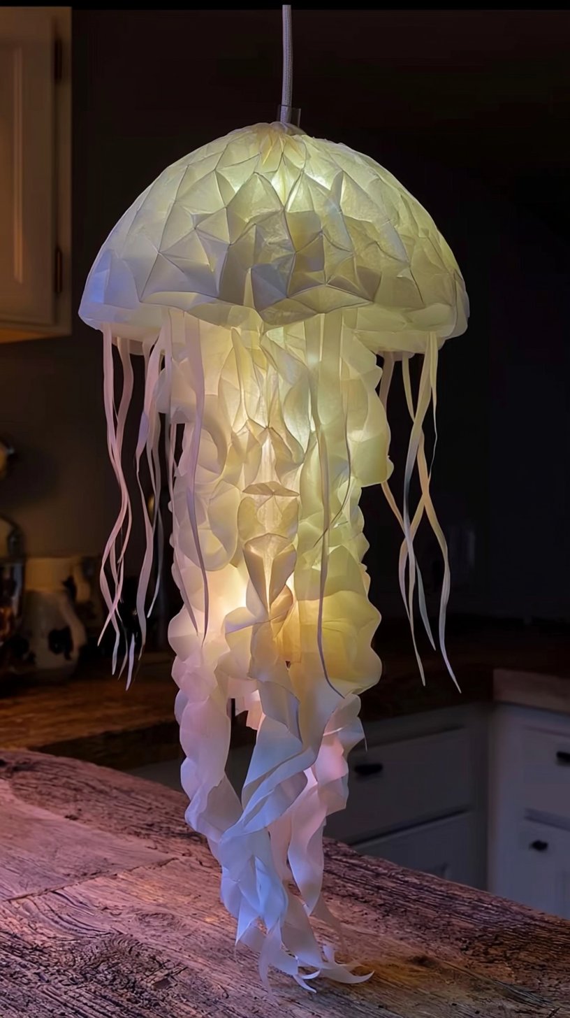 [Video] "Jellyfish Lamp 🪼 #origami #diy #crafts #tutorial #jellyfishlamp" | How to make a jellyfish with your own hands, Jellyfish by hand, Chandelier by hand