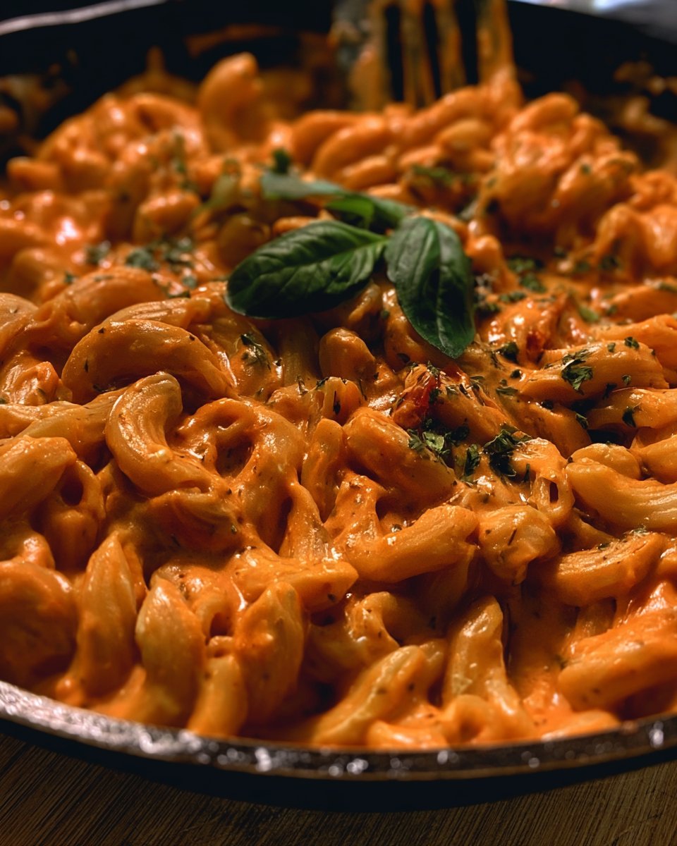 Creamy Cheesy Skillet Macaroni with Red Sauce and Cream Cheese