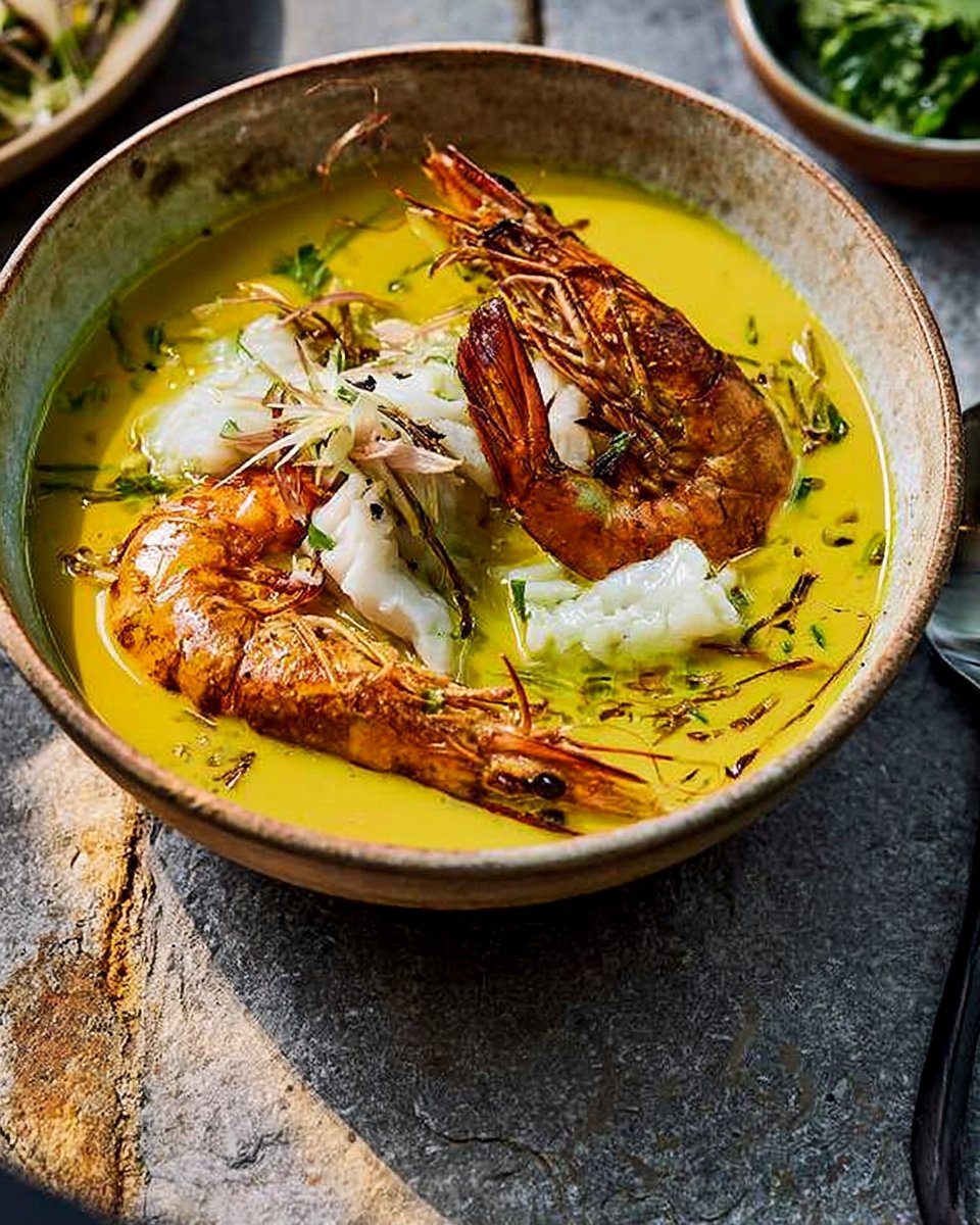 Safransuppe mit Fischquenellen und Garnelen
