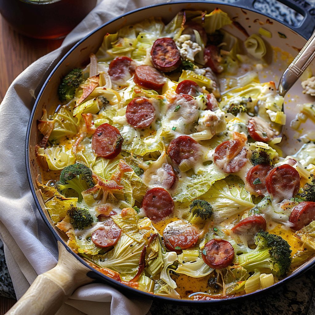 Cheesy Sausage Cabbage and Broccoli Bake