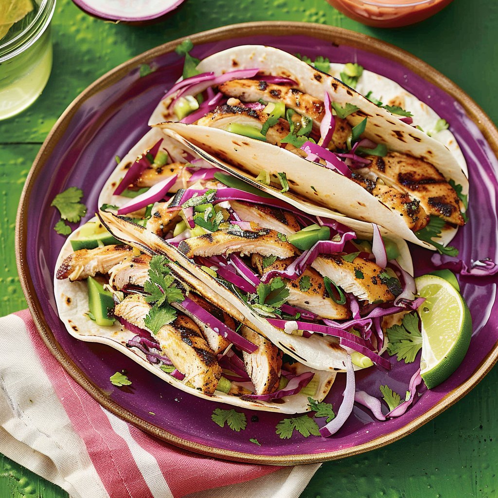 Chicken Street Tacos with Red Cabbage Slaw and Lime-Pickled Onions