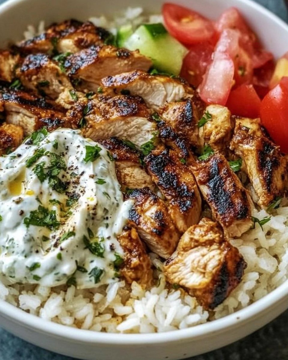 Hähnchen-Gyros-Schalen mit lockerem Reis und cremigem Tzatziki