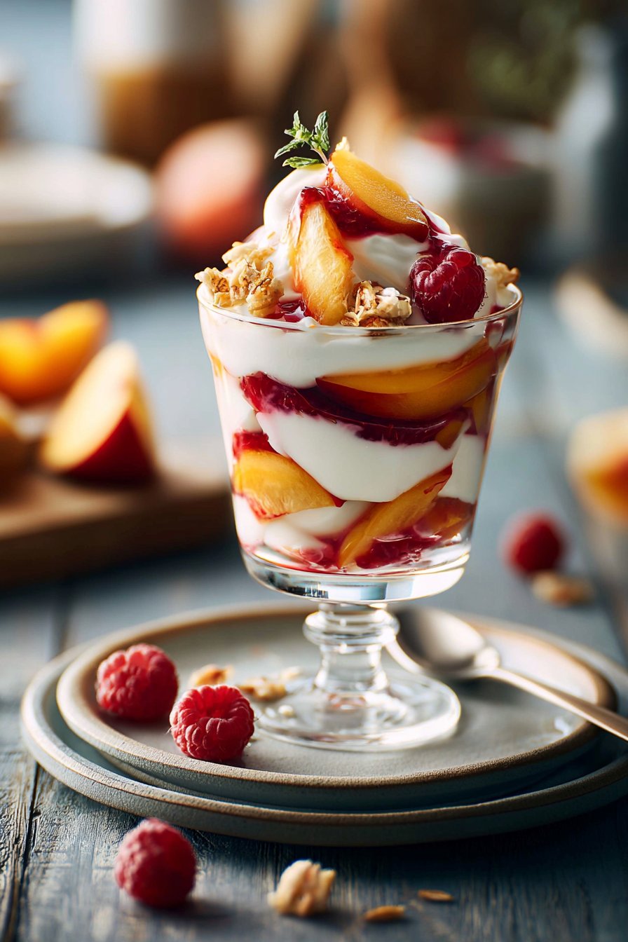 Greek Yogurt Parfait with Peaches and Raspberry Sauce