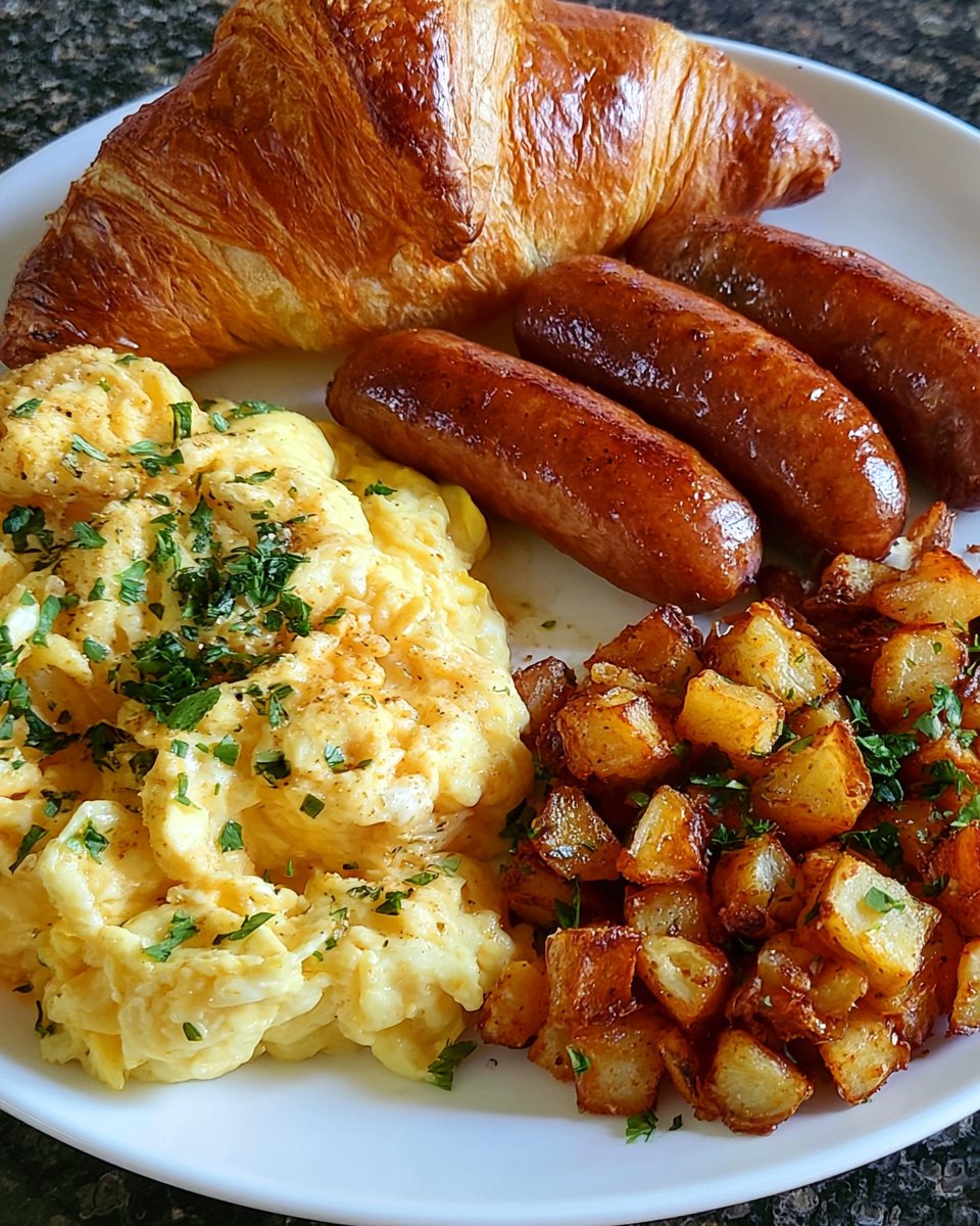 Croissant Breakfast Plate with Eggs, Potatoes & Sausage