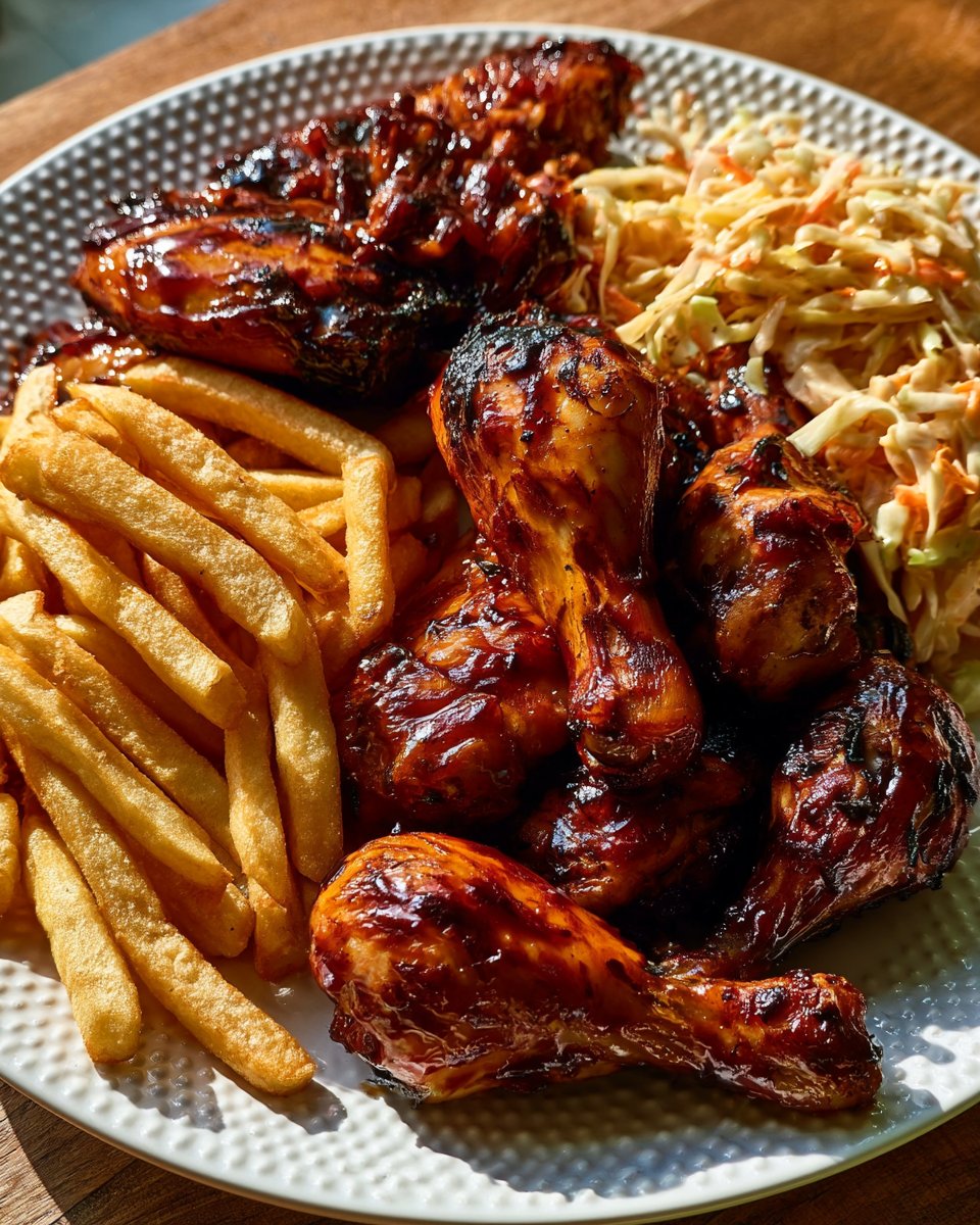 Sticky BBQ Chicken with Crispy Fries & Fresh Slaw