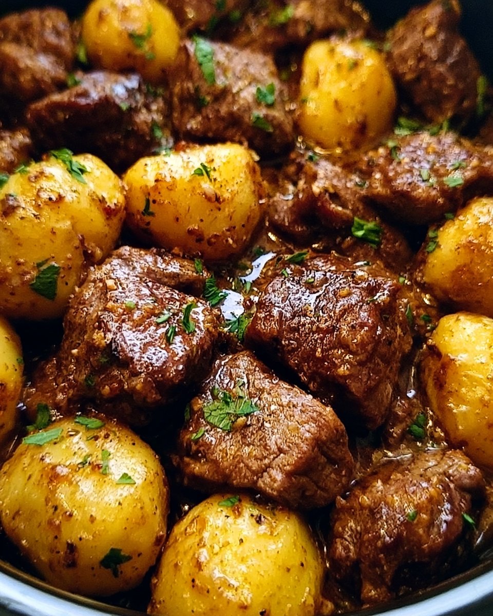 Slow Cooker Garlic Butter Beef Bites with Potatoes