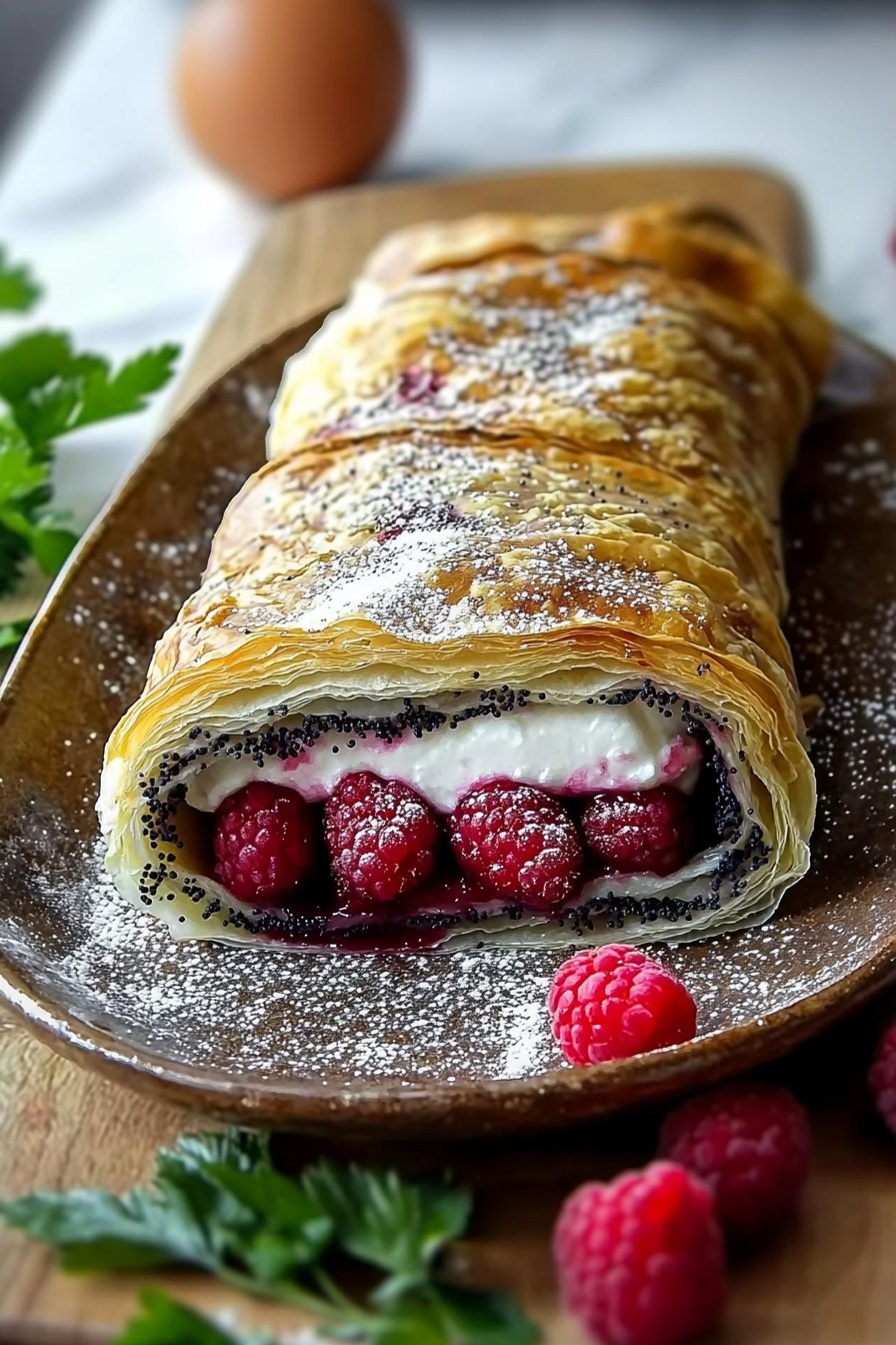 Quark Strudel with Poppy Seeds and Raspberries