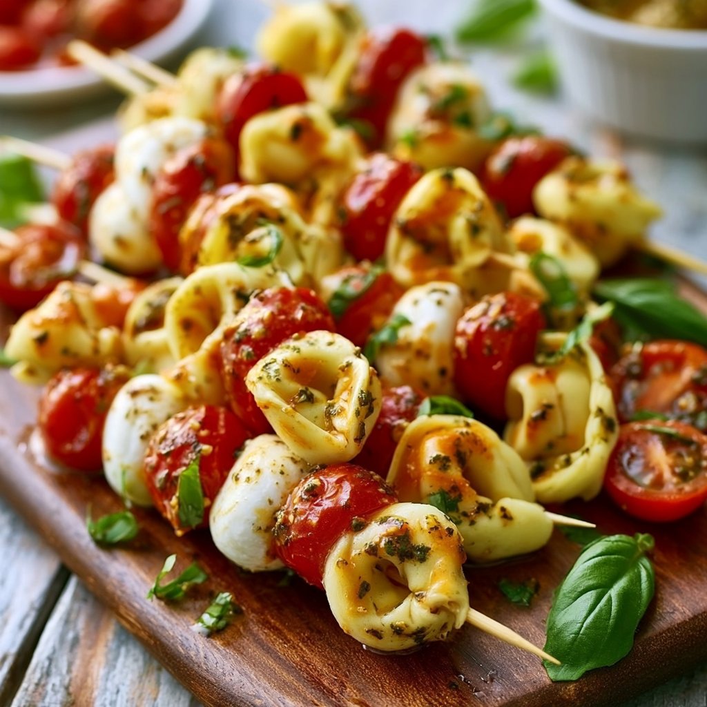 Tortellini skewers with tomato and mozzarella
