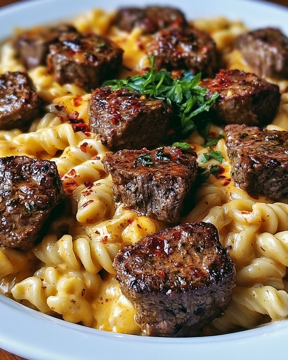 Creamy Garlic Butter Steak Bites with Spicy Cajun Alfredo Pasta