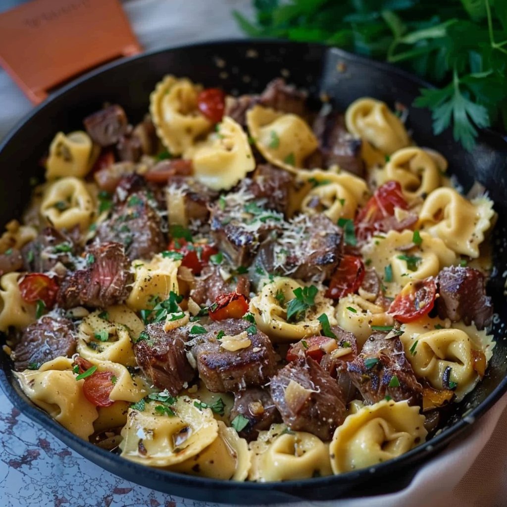 One Pot Garlic Parmesan Steak and Tortellini Skillet