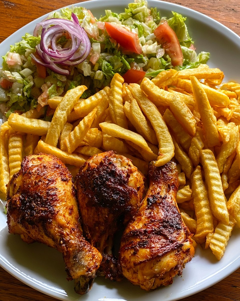 Spiced Chicken Drumsticks with Crispy Fries & Fresh Garden Salad