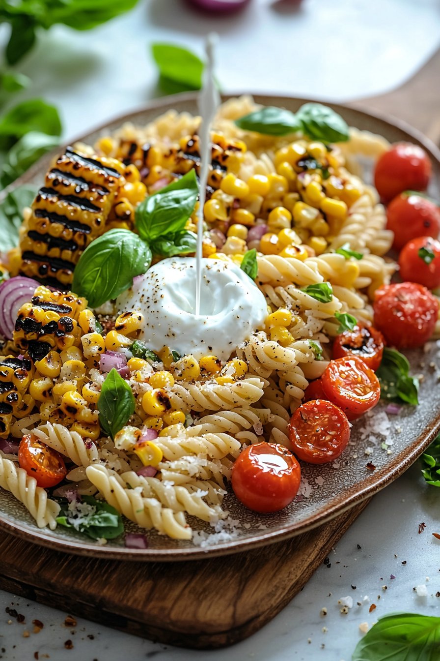 Grilled Corn Pasta Salad with Greek Yogurt