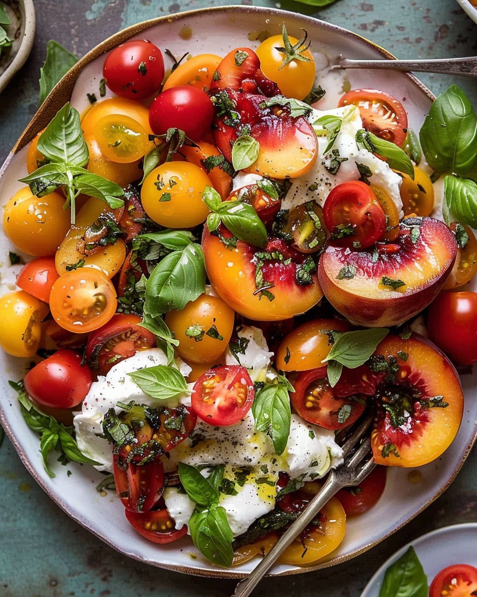 Tomato, Peach, and Burrata Salad.