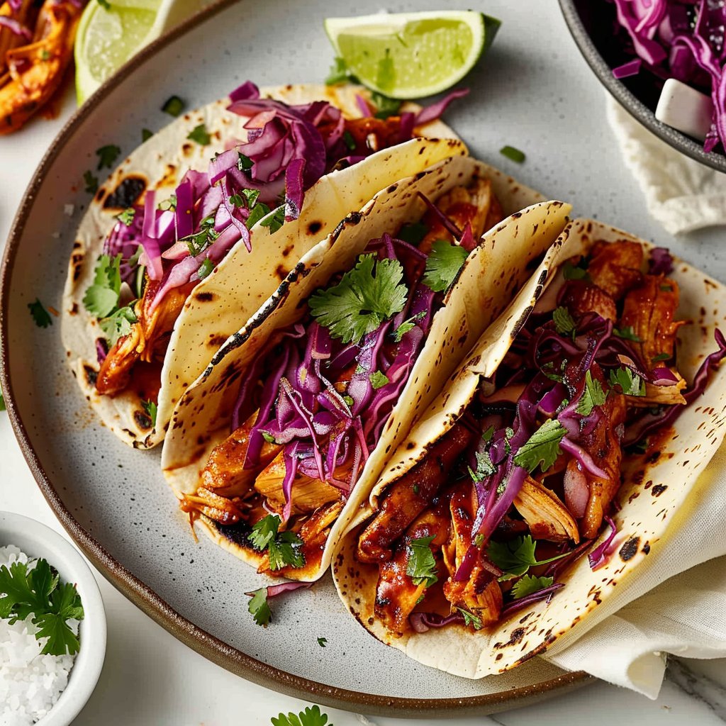 BBQ Chicken Tacos with Red Cabbage Slaw