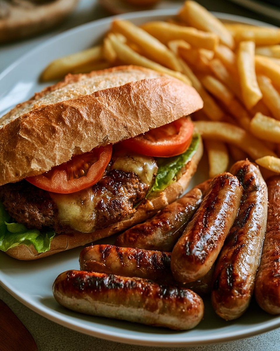 Glazed Grilled Sausages with Cheeseburger Baguette & Crispy Fries