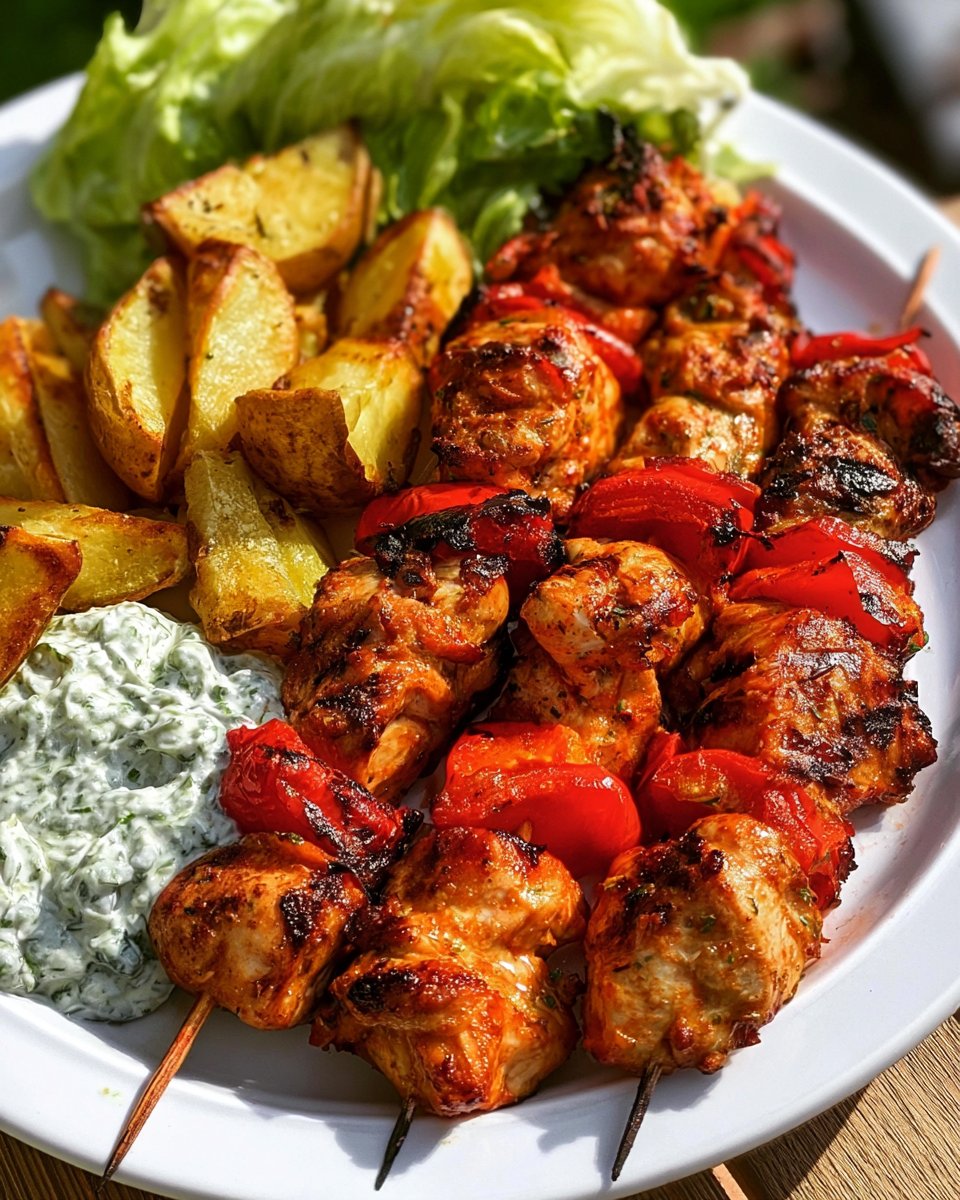 Grilled Chicken Skewers Plate with Crispy Potatoes & Creamy Dip