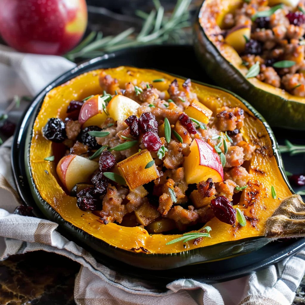 Stuffed Acorn Squash with Sausage, Apples, and Cranberries