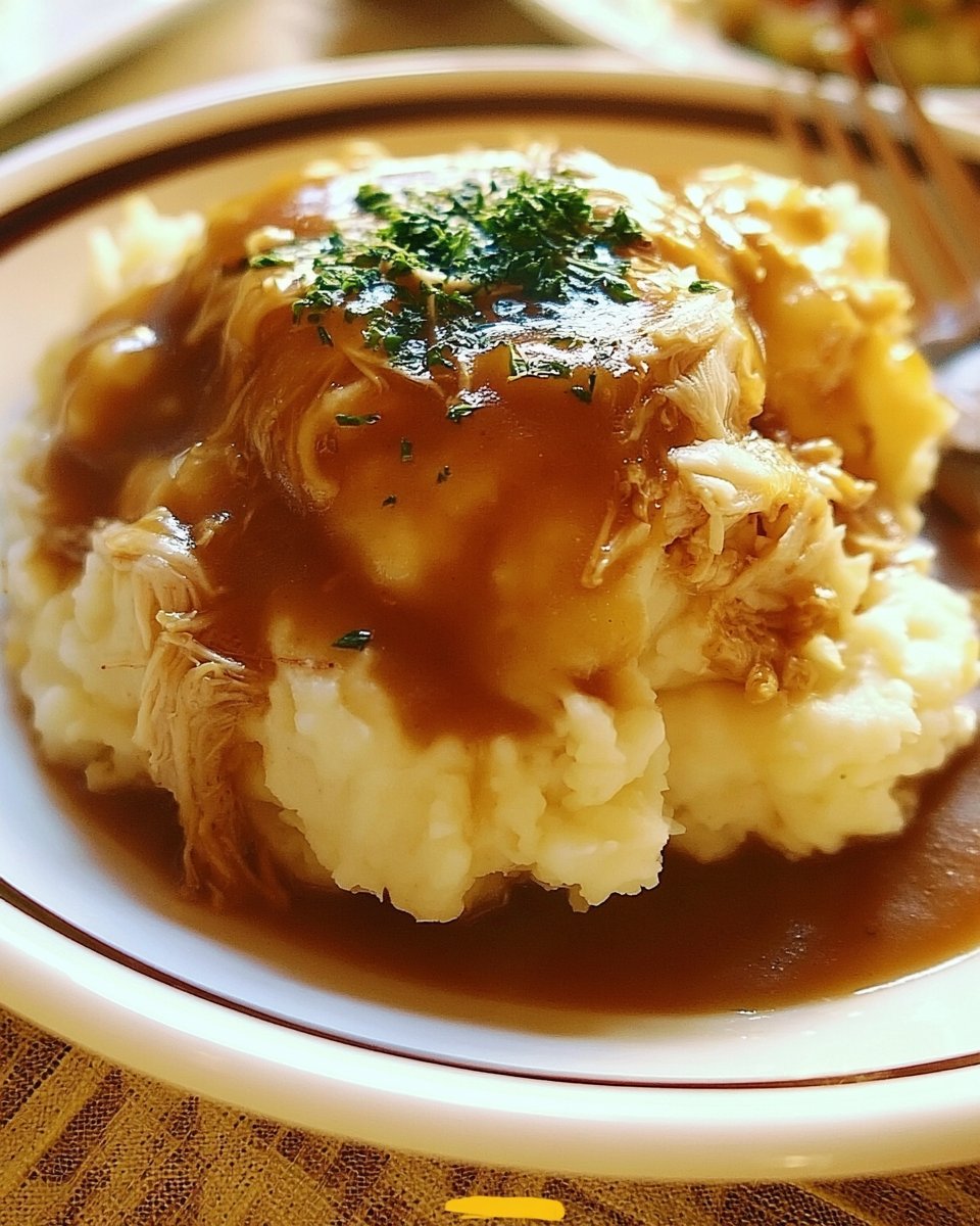 Shredded Chicken Gravy with Mashed Potatoes