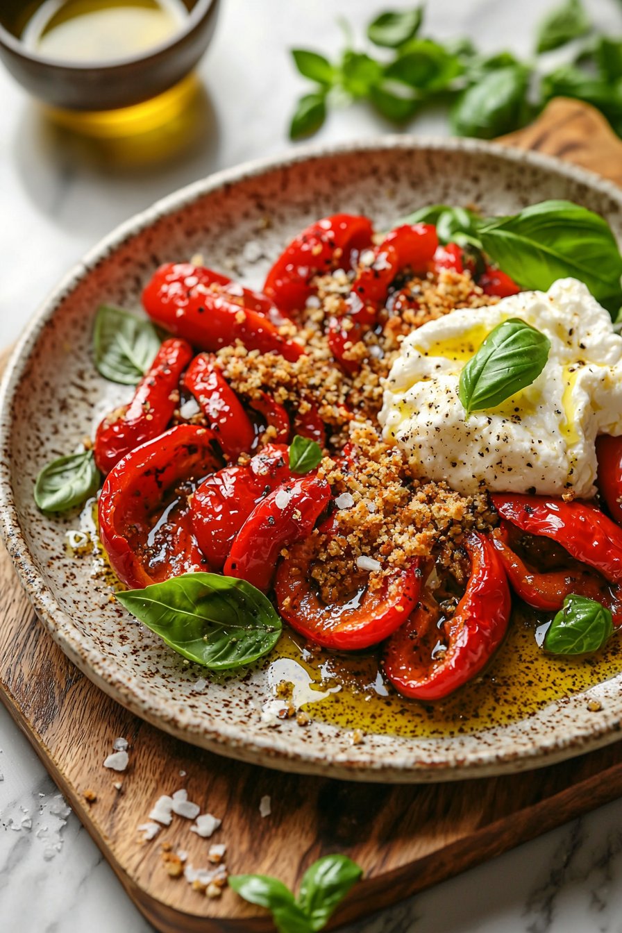 Roasted Red Peppers with Burrata and Breadcrumbs