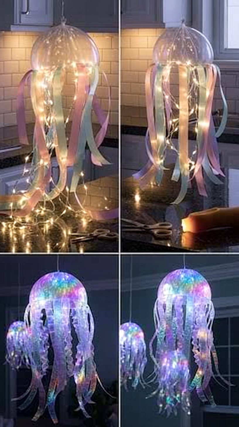 How to make a jellyfish out of ribbon | Ocean theme DIY crafts made from light, Jellyfish light, Jellyfish lights DIY hanging lamps