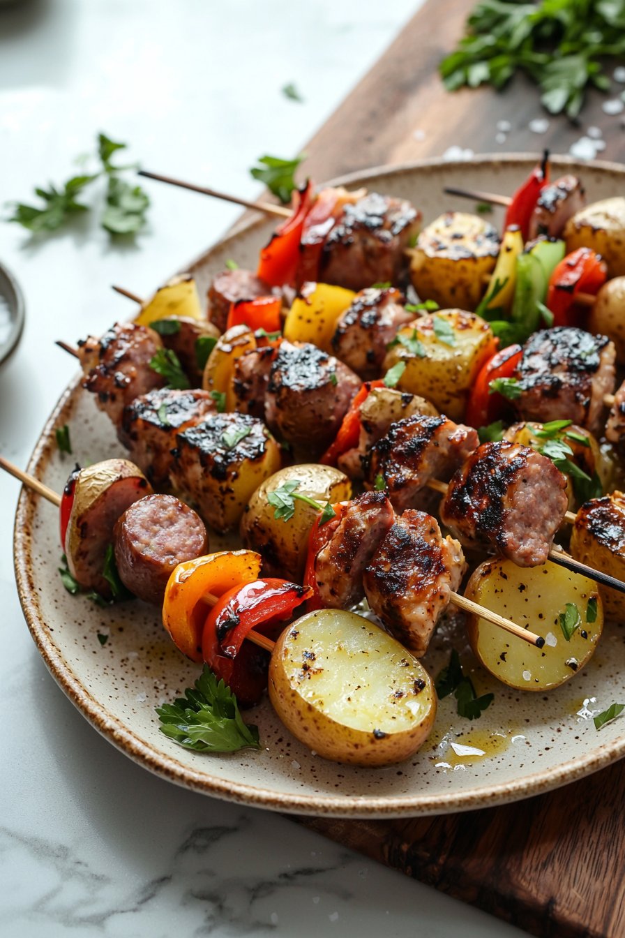 Smoked Chicken and Beef Sausage Potato Kabobs