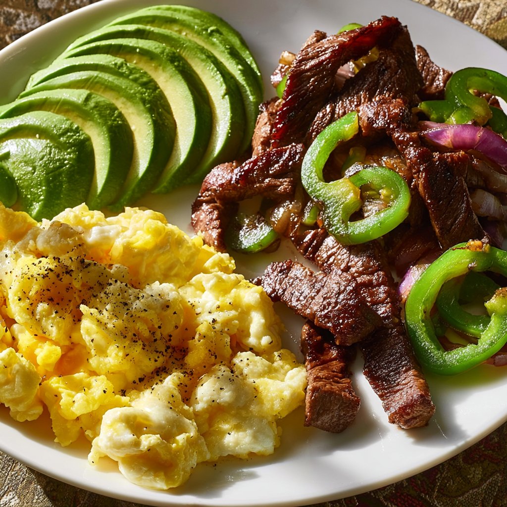 Steak, Creamy Scrambled Eggs & Avocado Power Plate